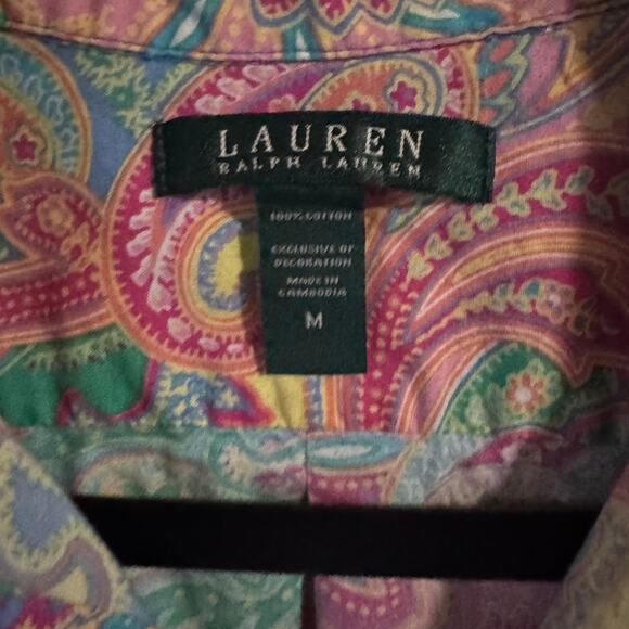 Lauren Ralph Lauren Pink Green Paisley Shirt Button Down 3/4 Sleeve Womens Sz M - Picture 3 of 6